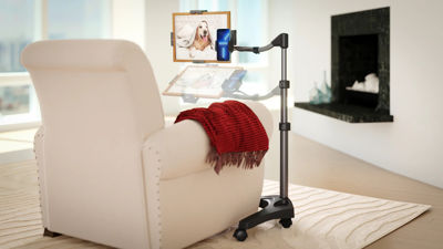 Show details for Levo spjaldtölvustandur með símahaldara á hjólum Mynd Levo spjaldtölvustandur með símahaldara á hjólum